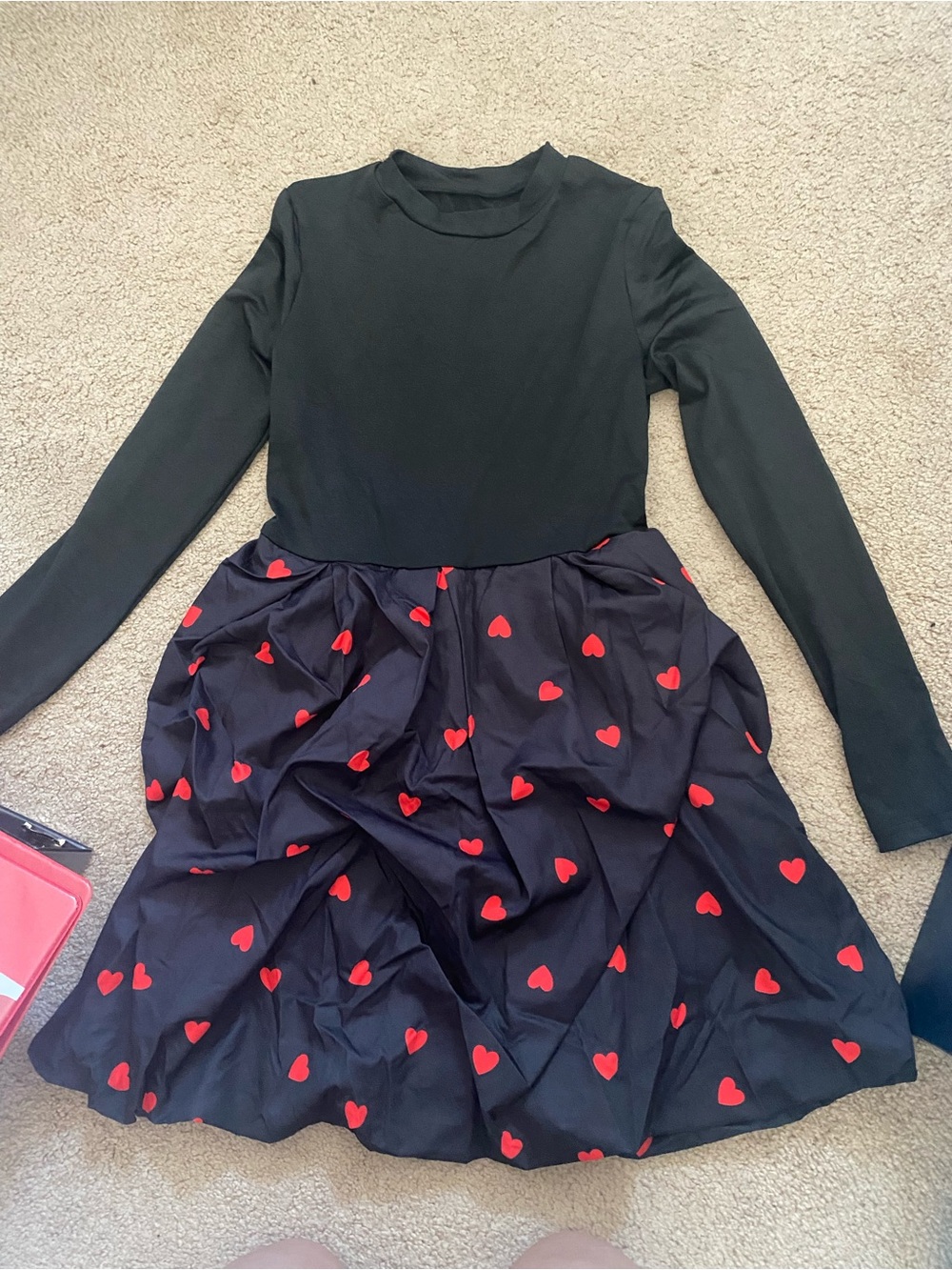 SHEIN Black Long-Sleeve Dress with Red Heart Skirt